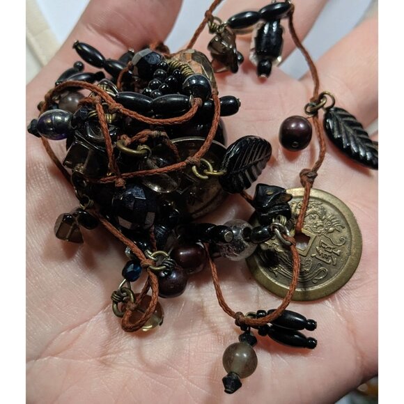 Handmade Glass Charm Wrap Necklace With Vintage Coin Accents - Picture 4 of 6